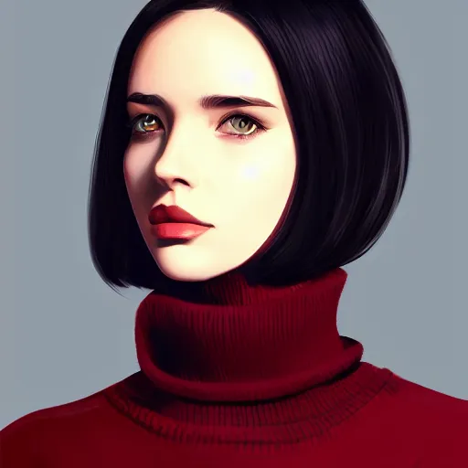 Image similar to girl in dark red turtleneck, black coat, elegant, 2d, ultra highly detailed, digital painting, smooth, sharp focus, artstation, portrait art by Ilya Kuvshinov