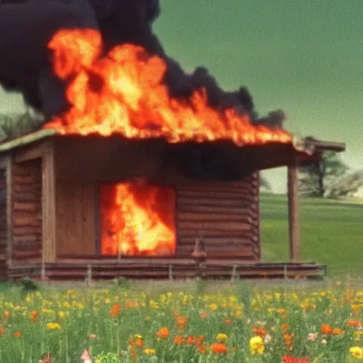 Image similar to vhs 1 9 8 0 s footage of a scene from the movie midsommar, center of screen a - line shaped wooden cabin on fire center of screen, field of flowers