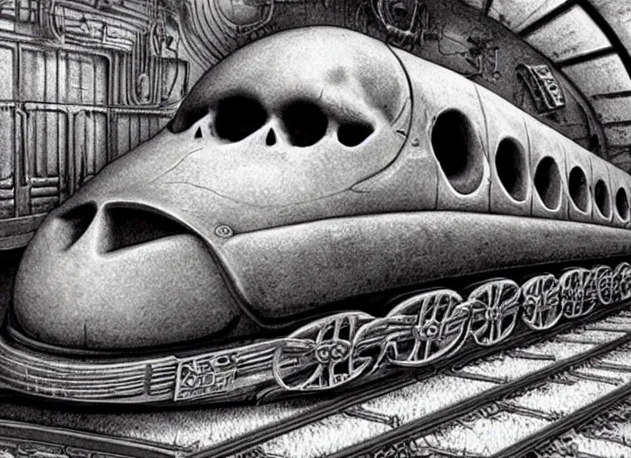 Image similar to the Laughing Skull train by H.R. Giger