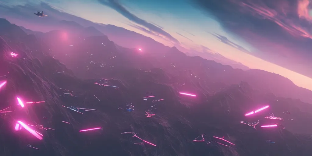 Prompt: an aerial shot of hundreds of spaceships flying over giant mountains, pink lighting, at dawn, epic scale ultrawide angle, stunning, epic, cinematic, artstation trending, octane render, hyperrealistic, cryengine 8 k uhd