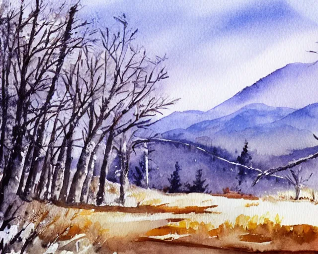 Prompt: countryside, winter, trees, mountains, watercolor-wash