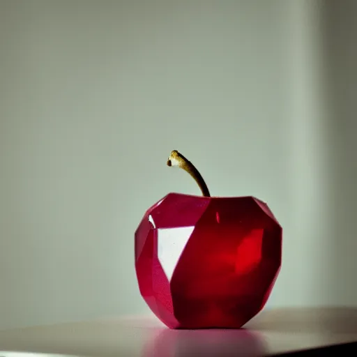 Prompt: an apple made of solid ruby crystal is sitting on the white table, clear focus, bokeh effect, high res, hasselblad, dslr, professional, cinematic