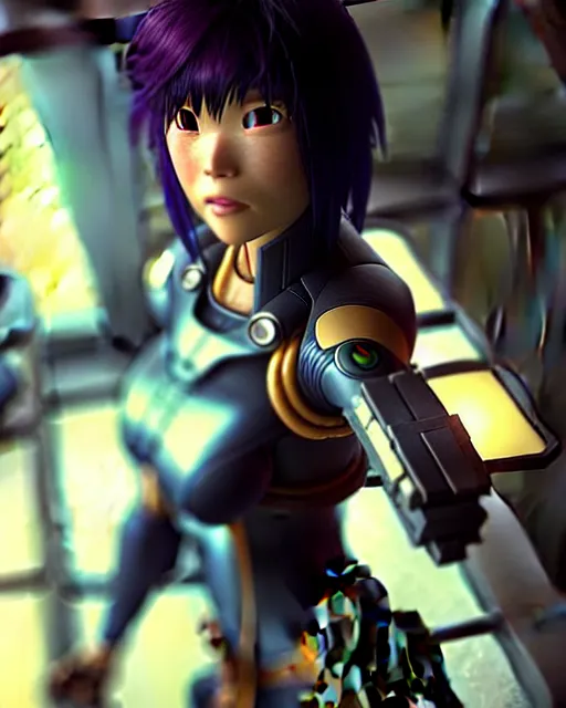 Image similar to weta disney pixar movie still portrait photo of motoko kusanagi the major ghost in the shell : : as cyborg woman by pixar : : by weta, wlop, ilya kuvshinov, rossdraws, artgerm, marvel, maxim cover, latex, octane render, sweaty, iridescent, bright morning, anime, octane render, 3 dcgi : :