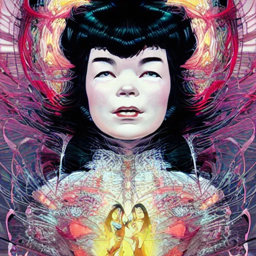 Image similar to portrait of crazy beautiful singer bjork, ymmetrical, by yoichi hatakenaka, masamune shirow, josan gonzales and dan mumford, ayami kojima, takato yamamoto, barclay shaw, karol bak, yukito kishiro