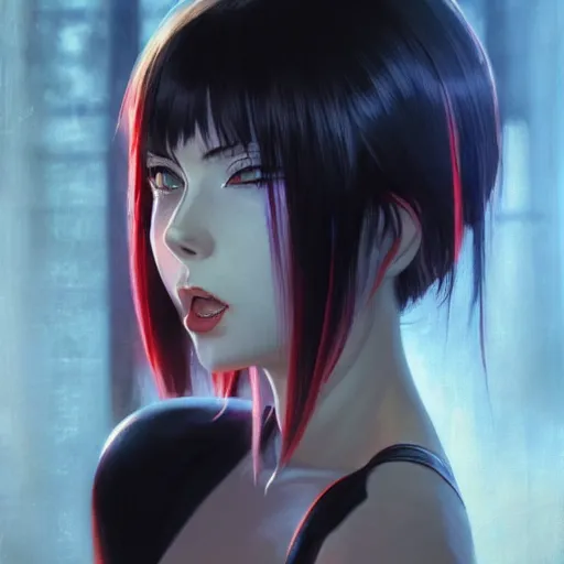 Prompt: A beautiful demon woman with big and cute red eyes || VERY ANIME, fine-face, realistic shaded perfect face, fine details. Anime. realistic shaded lighting poster by Ilya Kuvshinov katsuhiro otomo ghost-in-the-shell, magali villeneuve, artgerm, Jeremy Lipkin and Michael Garmash, Rob Rey and Kentarõ Miura style, trending on art station