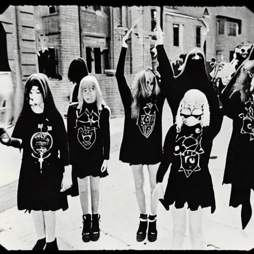 Image similar to Satanic States of America, alternate history, 1970s, girl scouts, goth girl scouts, Satanic girl scouts, black clothing, occult ritual, 1977, 16mm photograph