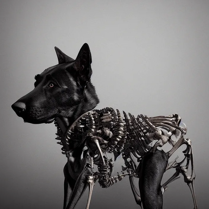 Image similar to belgian malinois, skeleton. intricate artwork. by Tooth Wu, wlop, beeple, dan mumford. octane render, trending on artstation, greg rutkowski, very coherent symmetrical artwork. cinematic, hyper realism, high detail, octane render, 8k, iridescent accents, deep blacks