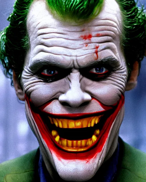 Image similar to a movie still of Batman starring Willem Dafoe as the Joker smiling, 8k, Technicolor, telephoto lens, detailed skin, detailed realistic eyes, medium shot, mid-shot