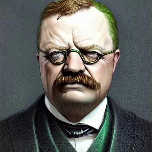 Image similar to glorious full head portrait of Theodore Roosevelt as The Green Arrow, fantasy, intricate, elegant, digital painting, trending on artstation, concept art, sharp focus, illustration by Gaston Bussiere and artgerm, 4k.