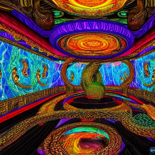 Image similar to Photorealistic inside a temple made of snakes. Hyperdetailed photorealism, 108 megapixels, amazing depth, glowing rich colors, powerful imagery, Psychedelic Overtones, Crisp, Clean image, mostly black purple and teal