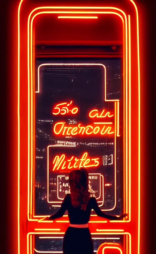 Prompt: vertical movie frame portrait of girl in 5 0's retro restaurant interior, neon - decorated urban on night in the city seen through the window, modern interior design, architectural design, vintage, night blade runner, dark, postapocalyptic, clean lines, 4 k, octane, asian futuristic city at distance, big windows, octane, wide angle