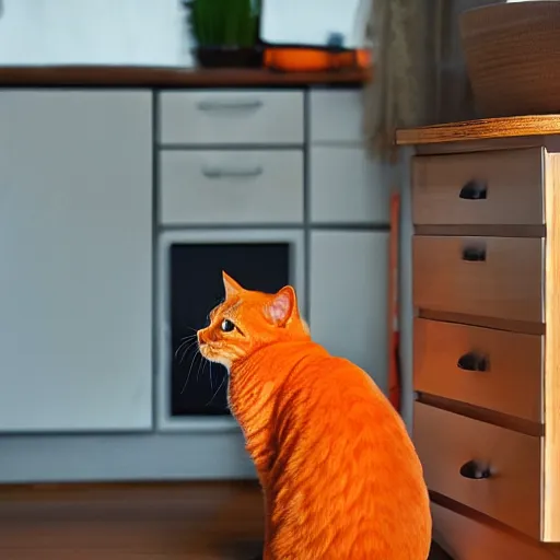 Prompt: an orange cat staring at a drawer ~ on fire ~ fire ~ high - resolution photo ~