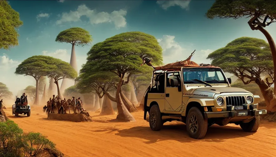 Image similar to mahindra thar driving through madagascar with baobabs trees, tribe members chasing for an attach, action scene, an epic fantasy, artgerm and greg rutkowski and alphonse mucha, an epic fantasy, volumetric light, detailed, establishing shot, an epic fantasy, cinematic, photorealistic, ultrarealistic, trending on art station, octane render, midsommar