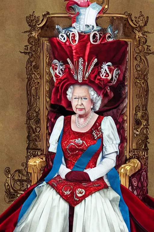 Image similar to photo of queen elizabeth ii as quin of cards from alice in wonderlands