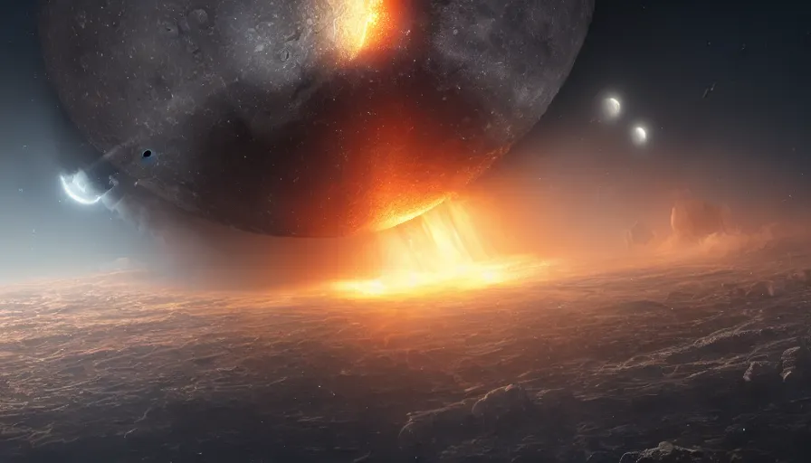 Image similar to The explosion of the moon, hyperdetailed, artstation, cgsociety, 8k