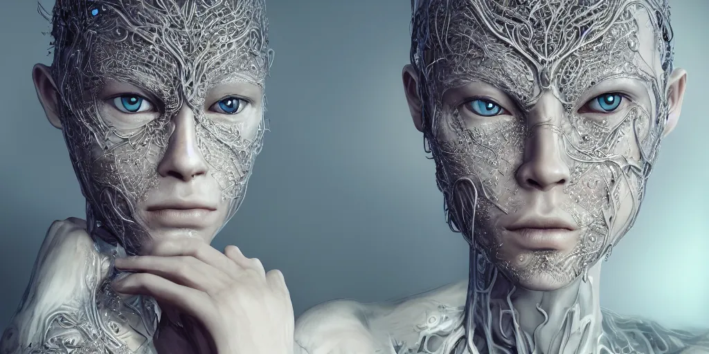 Image similar to realistic photography of a beautiful cyborg androgynous humanoid, hand on chin, holding close, in liquid, intricate filigree, in the style of beth cavener, jin kagetsu, wlop, highly detailed, symmetry, masterpiece, concept art, ringflash, highkey lighting, ambient lighting, octane render, 8 k, artstation