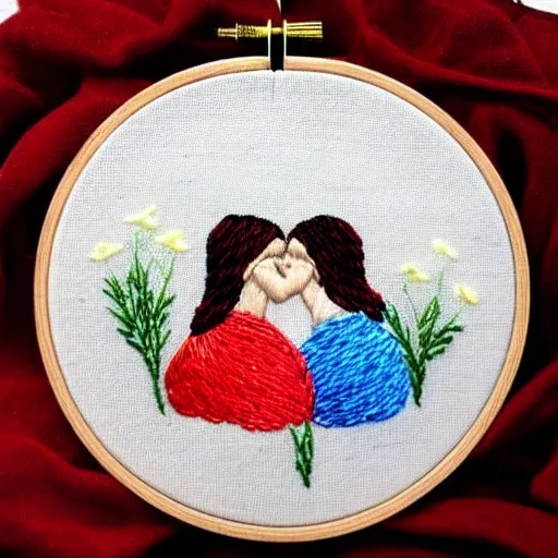 Prompt: a tiny beautiful handmade embroidery of two lovers kissing. hand embroidery.