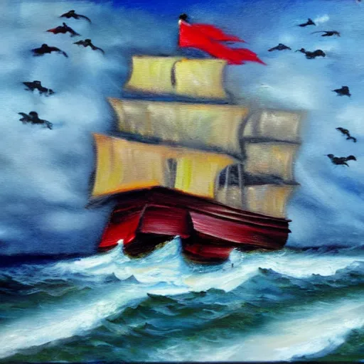 Image similar to pirate ship sailing on stormy seas, oil on canvas, vivid colors,