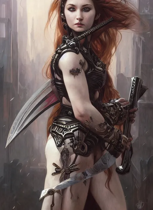 Prompt: portrait of beautiful pale gothic muscular warrior girl with sword, warhammer 40000, cyberpunk, intricate, elegant, highly detailed, digital painting, artstation, concept art, smooth, sharp focus, illustration, art by artgerm and greg rutkowski and alphonse mucha and Gustav Klimt and Ilya Kuvshinov