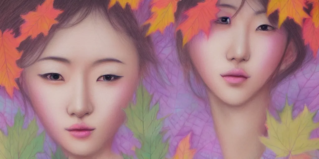 Image similar to detailed pastel colors portrait of a japanese woman made of autumn leaves, by artgerm, fine detail, 8 k