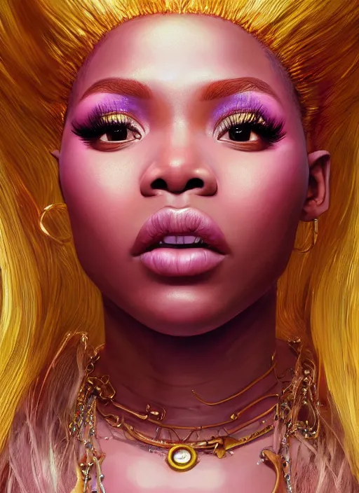 Image similar to nicki minaj, au naturel, hyper detailed, digital art, trending in artstation, cinematic lighting, studio quality, smooth render, unreal engine 5 rendered, octane rendered, art style by klimt and nixeu and ian sprigger and wlop and krenz cushart