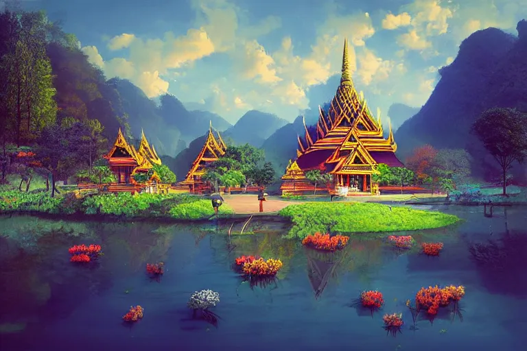 Image similar to summer morning, thai temple, rolling mountain, very coherent and colorful high contrast, art by gediminas pranckevicius, by wes anderson, dark shadows, hard lighting