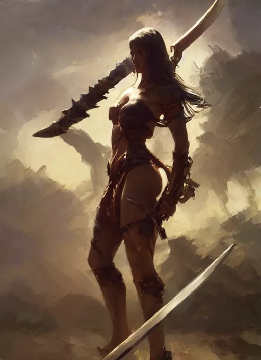 Prompt: hyper realistic warrior girl with sword in her hand, full body, rule of thirds, human proportion, good anatomy, beautiful face, conceptart, saturated colors, cinematic, vallejo, frazetta, greg rutkowski