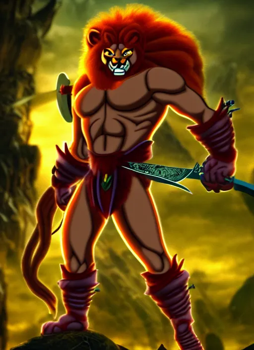 Image similar to intricate Lion-O from Thundercats, with sword, on the background of a weird magical mechanical forest. Very detailed 8k. Fantasy. Sharp. Cinematic post-processing