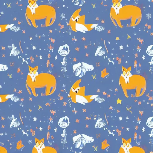 Image similar to A beautiful fabric pattern texture, of foxes playing in a forest at night, blue dark sky with stars, typographics art, by James Jean