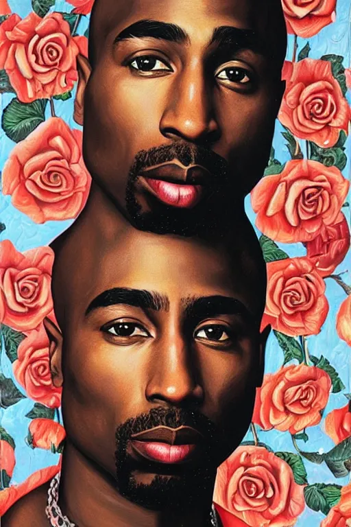 Image similar to Tupac, portrait by Kehinde Wiley!!, roses, oil paint on canvas,