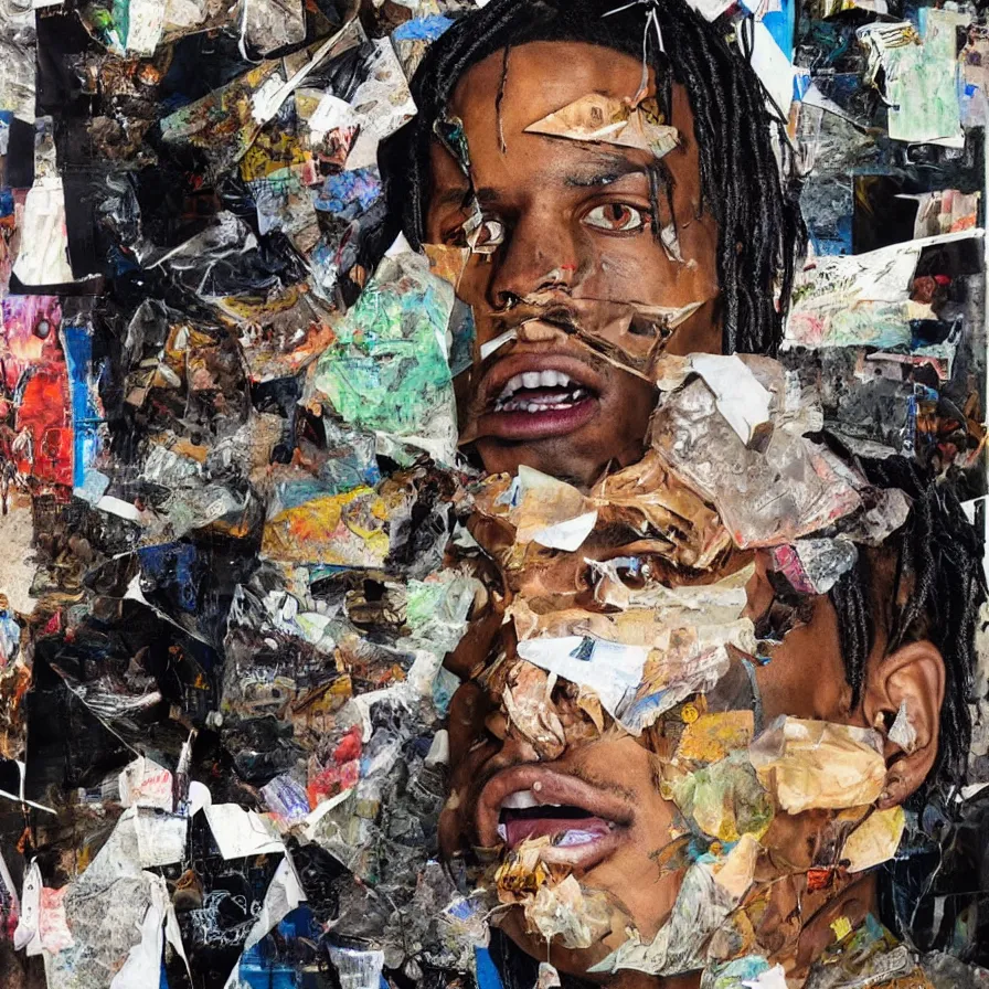 Image similar to rendered in blender travis scott with a trash bag on his head, collage paper and tape, acrylic on canvas, hyperrealism mixed with expressionism, high resolution, cinematic, unreal 6, breathtaking detailed, by blake neubert