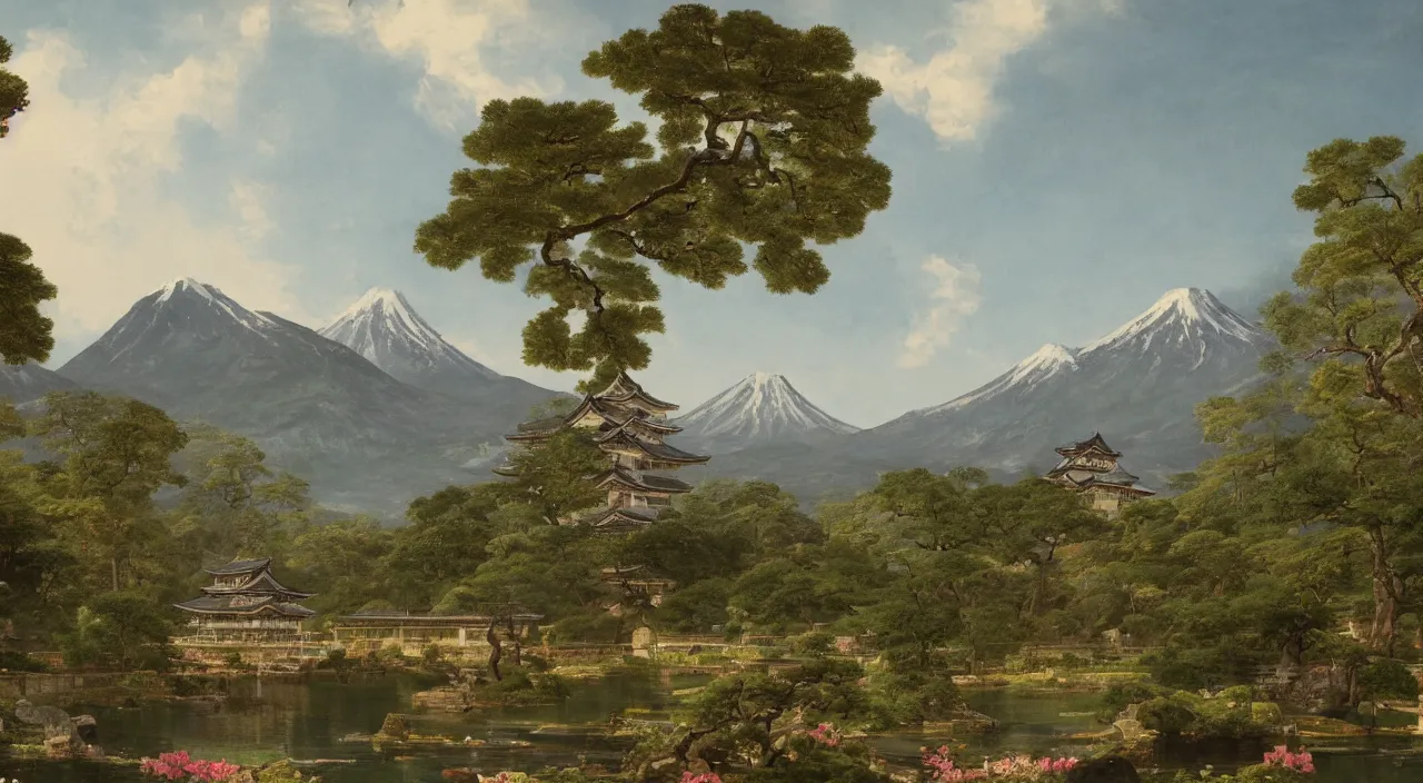 Image similar to a Japanese castle, with a garden as foreground, with mountains as background, by Thomas Cole