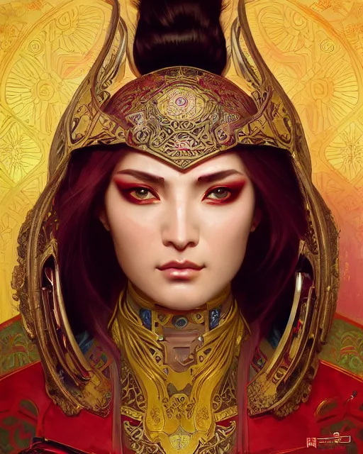 Image similar to portrait of a turkish masculine female cyberpunk machine, machine face, upper half portrait, decorated with ottoman opera motifs, muscular, asian, fine china, wuxia, traditional chinese art, intricate intense elegant, highly detailed symmetry headpiece digital painting artstation concept art smooth sharp focus illustration, art by artgerm and greg rutkowski alphonse mucha 8 k