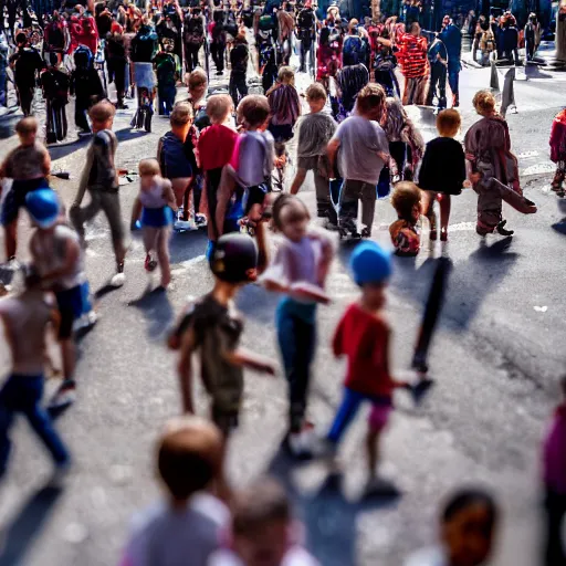 Image similar to portrait of a horde of midgets raiding the streets of new york city, sharp focus, 4 k editorial photograph, soft lighting, shallow depth of field, people out of focus