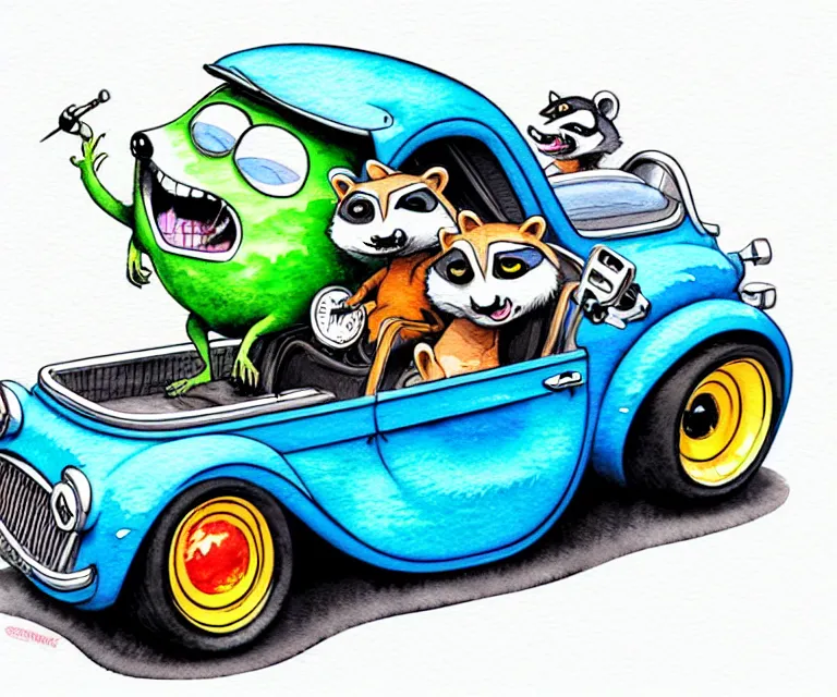 Image similar to cute and funny, racoon riding in a tiny hot rod coupe with oversized engine, ratfink style by ed roth, centered award winning watercolor pen illustration, isometric illustration by chihiro iwasaki, edited by range murata