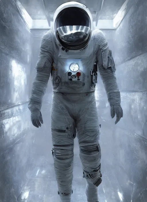 Image similar to concept art by craig mullins astronaut in futuristic dark and empty spaceship underwater. infrared glowing lights. complex and hyperdetailed technical suit. reflection and dispersion materials. rays and dispersion of light. volumetric light. 5 0 mm, f / 3 2. noise film photo. flash photography. unreal engine 4, octane render. interstellar movie art