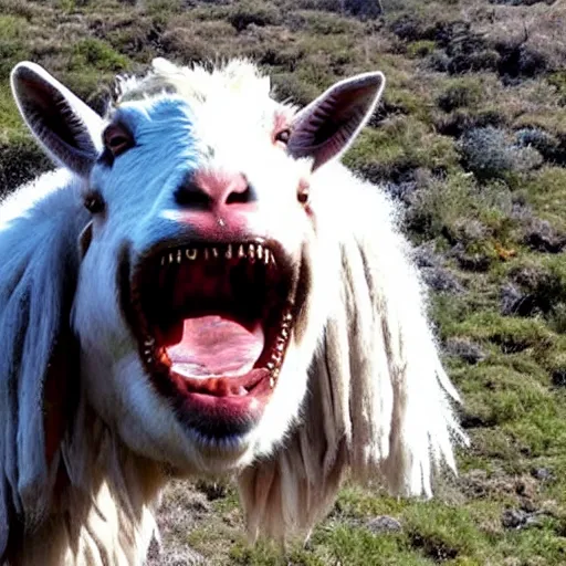 Image similar to huge goat - like beast with mouth opening unnaturally wide to reveal rows of razor - sharp teeth