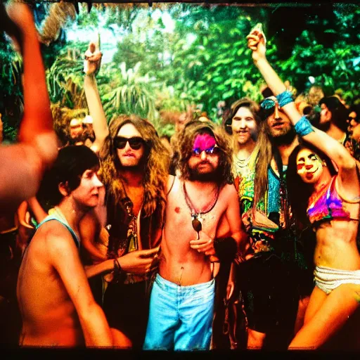 Image similar to expired kodak film photograph portrait of retro psychedelic trance hippy party in goa from 1 9 7 0, hyperrealism, photorealism, imax quality, 8 k