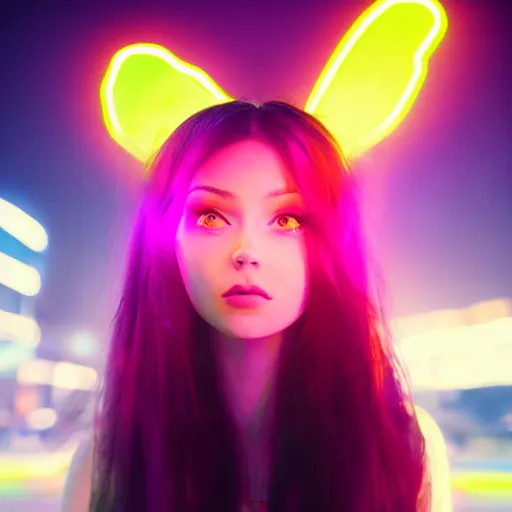 Image similar to portrait of a cute young woman with robot ears and eyes, 4k, sharp focus, neon colored fluorescent lighting, jordan grimmer