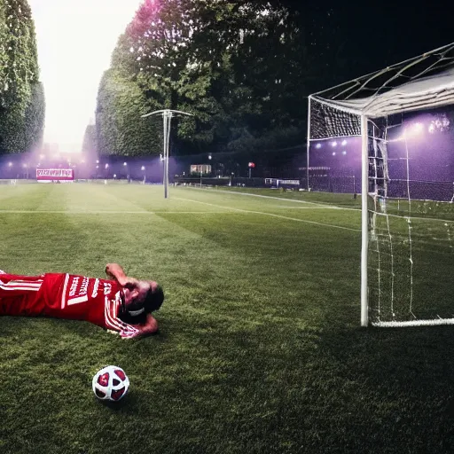 Image similar to a crime scene where a bayern munchen player has been butchered down by a football player from paris saint germain, wide shot, in the style of gregory crewdson