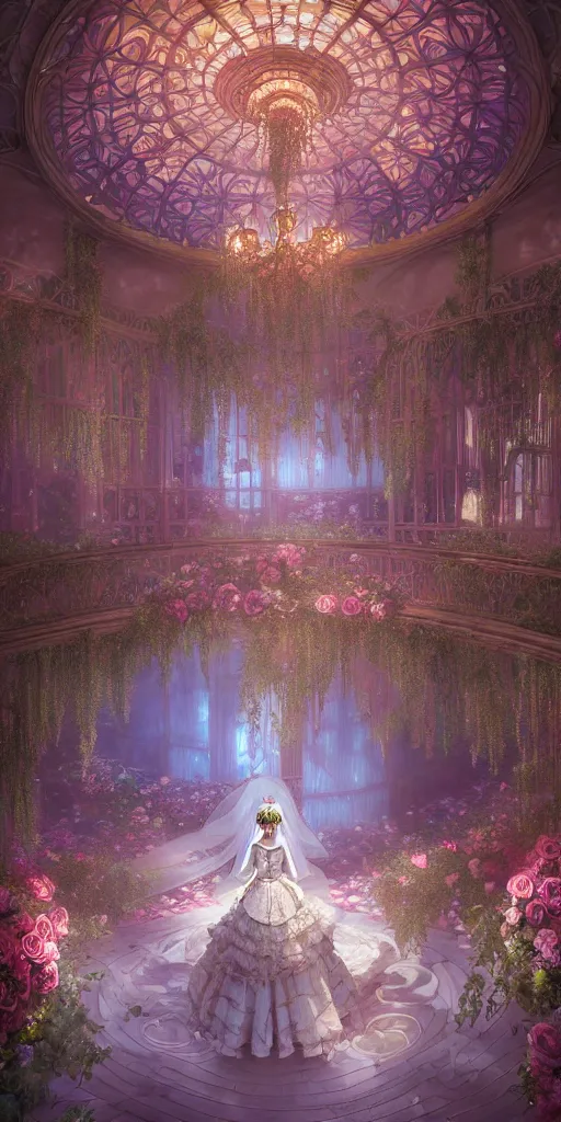 Prompt: the beautiful hyperdetailed physical rendering of a single rose wedding gothic lolita dress clothing design display in exhibition hall, perfectly shaded, atmospheric lighting, in the style of makoto shinkai raphael lacoste louis comfort tiffany stanley artgerm lau wlop rossdraws beeple, surrealistic style, 8 k hd, 3 drender