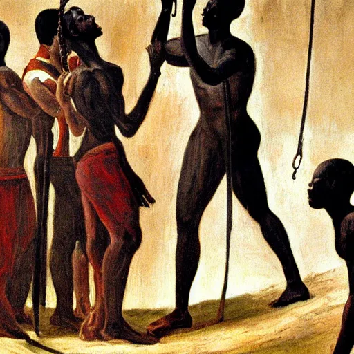 Image similar to painting of black slaves being freed from chains and shackles, detail, lighting