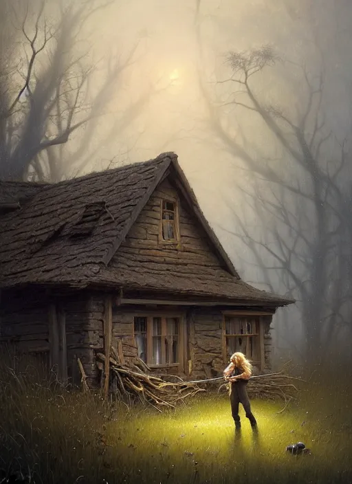 Image similar to highly detailed hyperrealistic painting of a blonde long - haired hillbilly standing in front of old rough house holding a stick, with his fluffy black and gray australian shepherd, bonfire, stephen bliss, art by greg rutkowski, loish, rhads, ferdinand knab, makoto shinkai and lois van baarle, tom bagshaw, global illumination, artstation