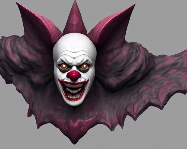 Prompt: 3d sculpt of a relief of a evil clown face with huge bat wings, skull, artstation, digital illustration, league of legends, dark souls