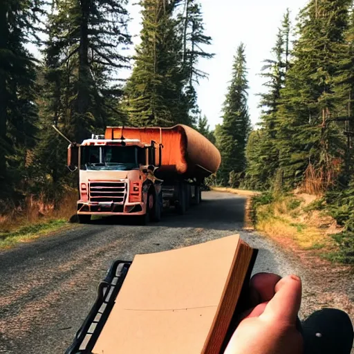 Prompt: a logging truck hauling journals and sketchbooks