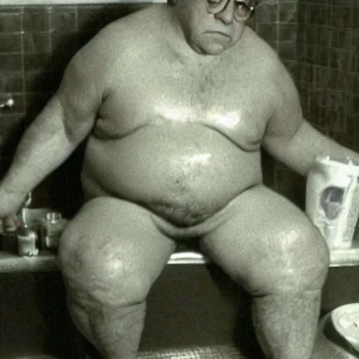 Image similar to Danny Devito in a bathtub filled with hamburgers circa 1999