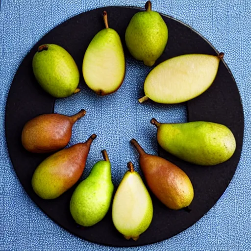 Image similar to a pear cut into seven pieces arranged in a ring