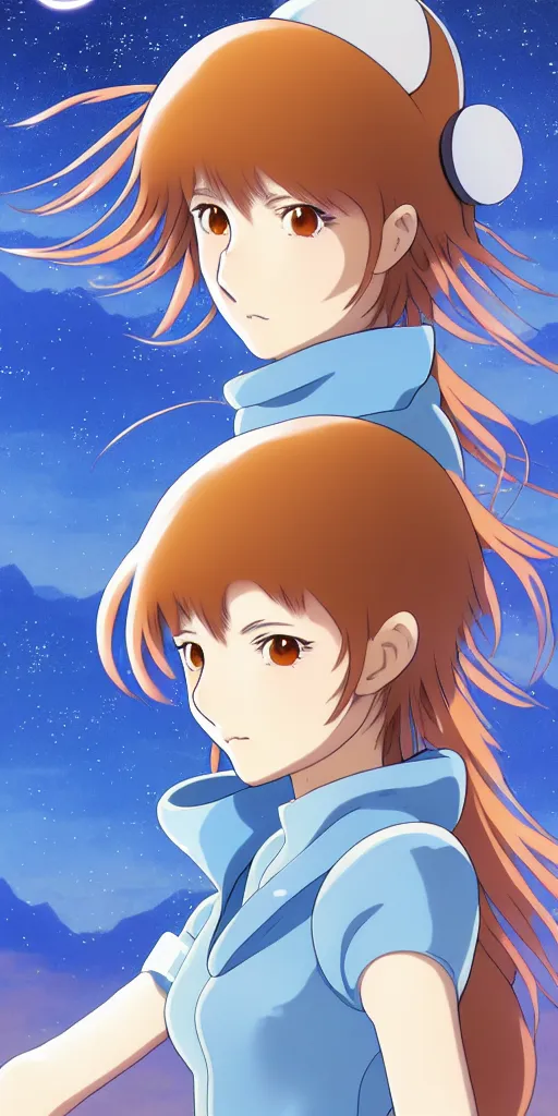 Image similar to anime art full body portrait character nausicaa concept art, anime key visual of elegant young female, brown hair and large eyes, finely detailed perfect face delicate features directed gaze, sunset in a valley, trending on pixiv fanbox, studio ghibli, extremely high quality artwork by kushart krenz cute sparkling eyes