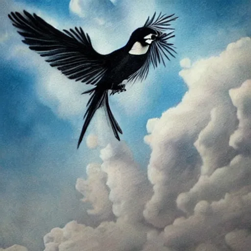 Prompt: back piece tattoo of a magpie flared out on a background of thunderclouds and lightning, high detail