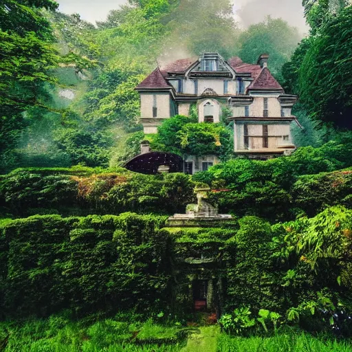 Prompt: beautiful old mansion surrounded by lushwoods in style of ghibli